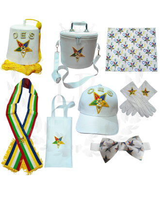 OES White Wool Fez Hat Set Complete 8 Piece Regalia Bundle with Hard Case, Sash & Gloves