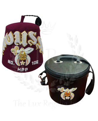 Custom Shriner Fez Hat Set Burgundy Wool Fez with Rhinestone Emblems & Fez Carrying Case