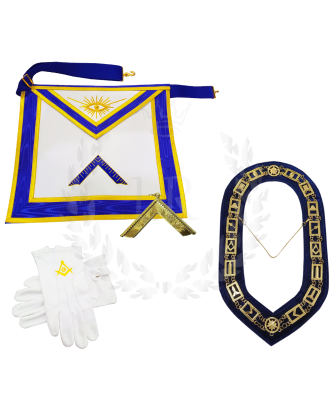 Masonic Worshipful Master Officer Regalia Set - Hand Embroidered Apron, Chain Collar, Gloves & Jewel