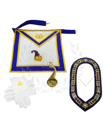 Masonic Junior Steward Officer Regalia Set - Hand Embroidered Apron, Chain Collar, Gloves & Jewel