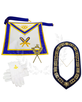 Masonic Secretary Officer Regalia Set - Hand Embroidered Apron, Chain Collar, Gloves & Jewel