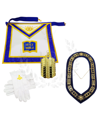 Masonic Worshipful Master Officer Regalia Set - Hand Embroidered Apron, Chain Collar, Gloves & Jewel