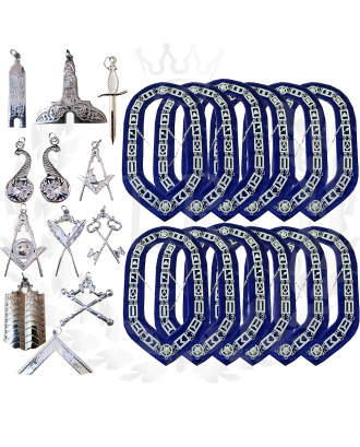 Masonic Regalia Blue Lodge All Officers Silver Plated Premium Quality Chain Collar with Jewel Package Deal